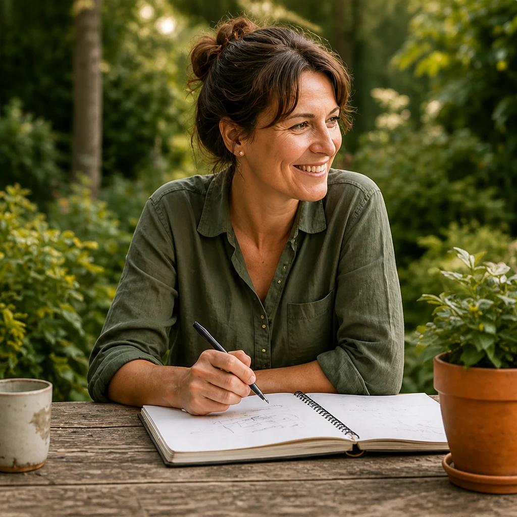 Julia maakt aantekeningen in haar schetsboek aan een tafel in de tuin