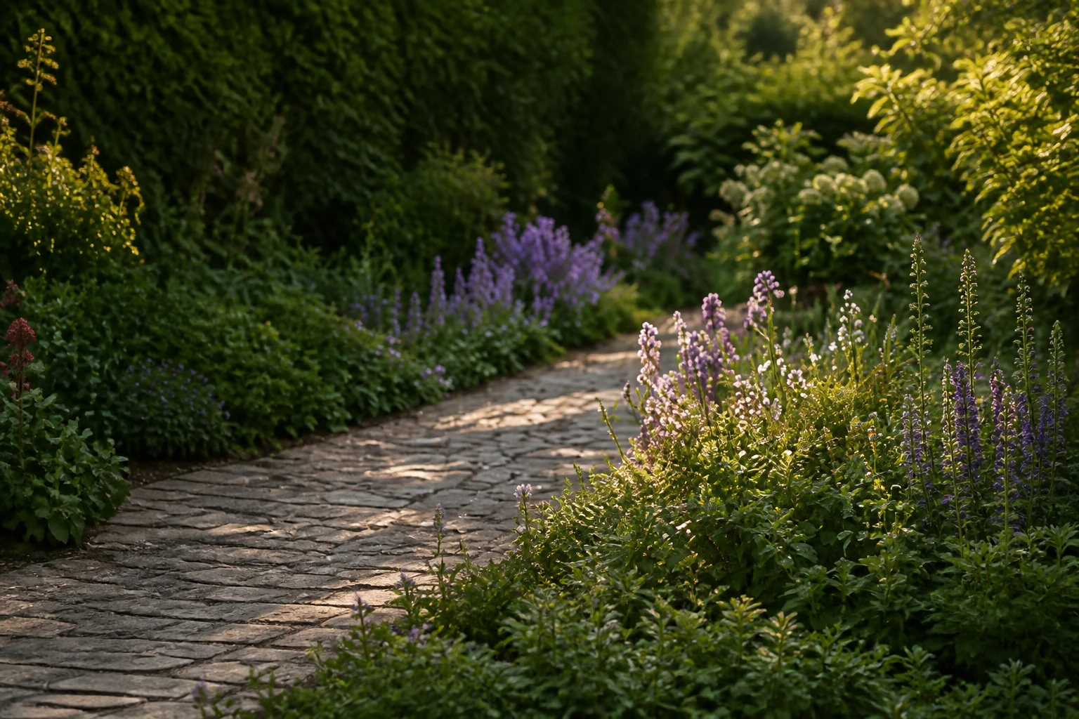 Tuinpad van natuursteen tussen bloeiende vaste planten in avondlicht