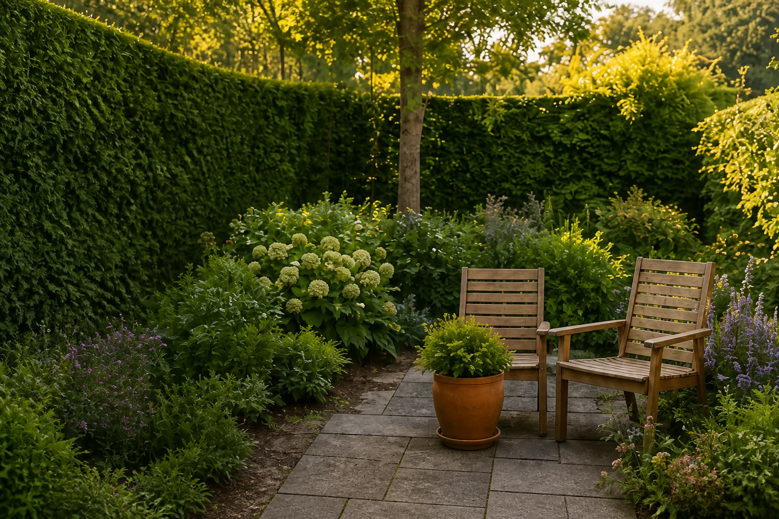 Zonnige achtertuin met hoge haag, bloeiende border, twee houten stoelen en een terracottapot