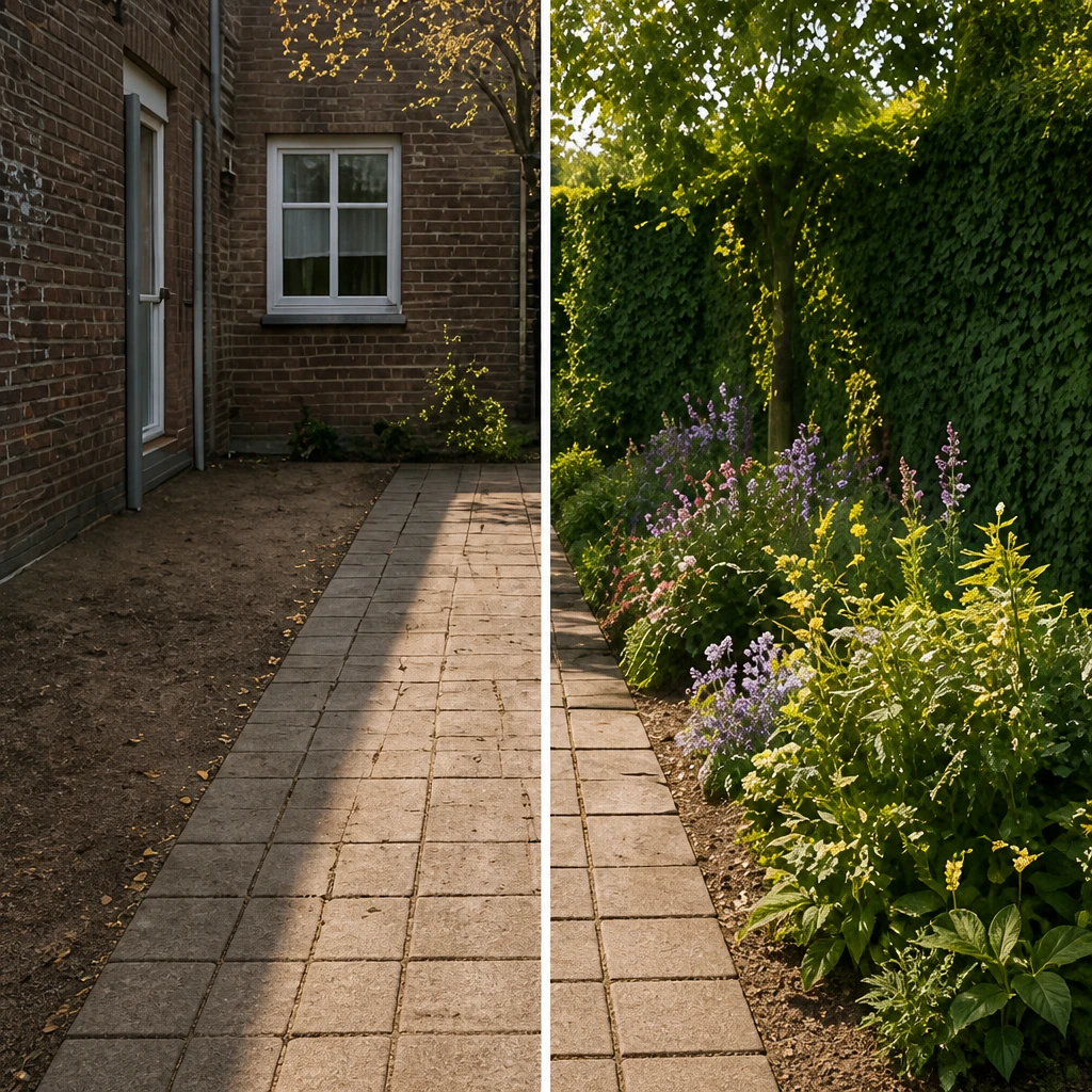 Voor en na: van betegelde, kale achtertuin naar een groene tuin met bloeiende borders