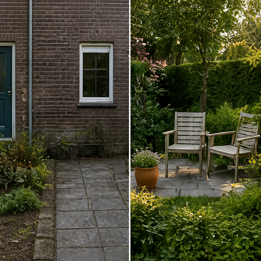 Voor en na: van kale voortuin naar een kleurrijke entree met zitplek